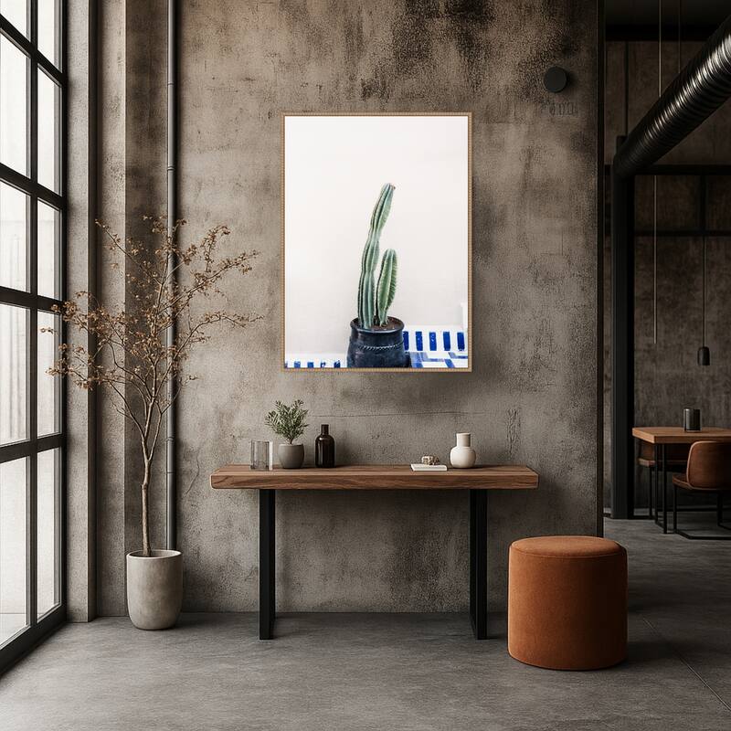 Green cactus and blue pottery in Morocco by Photolovers Framed Canvas Wall Art Print
