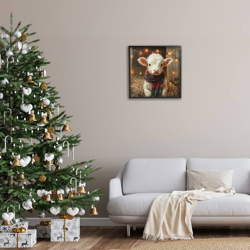 Stupell White Calf with Holiday Lights Framed Giclee Art Design By Riley B