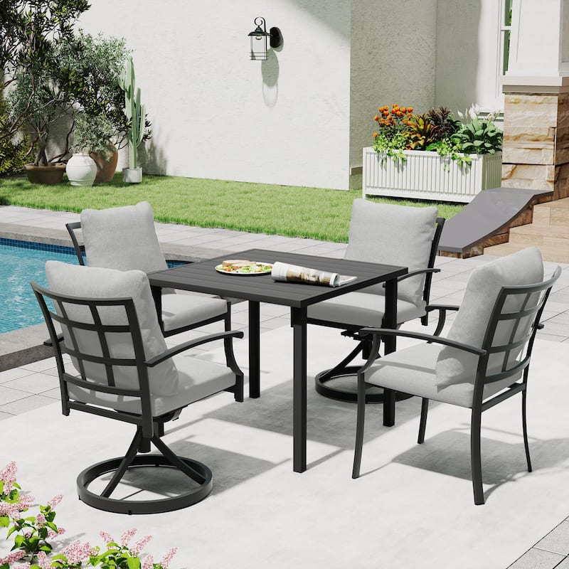 IvyGlow 5-Piece Black Metal Patio Dining Set with Square Table, 2 Swivel Dining Chairs and Gray Cushions - Grey