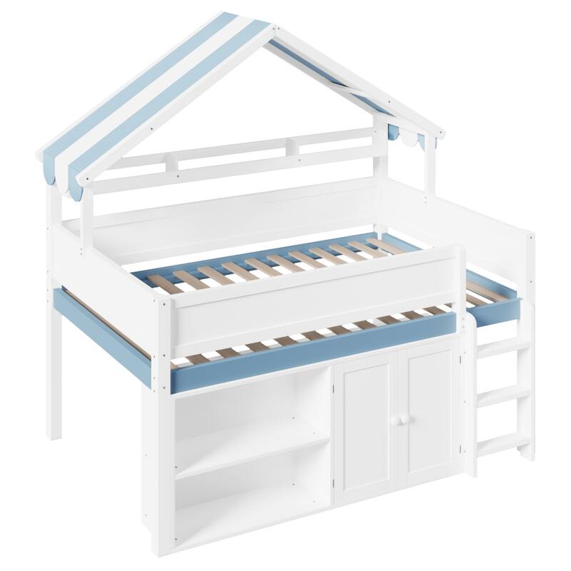 Roomfitters Full Size Loft Bed with House Canopy Roof and Storage Cabinet
