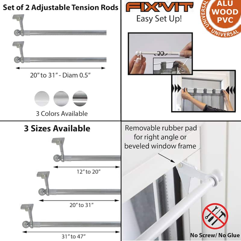 Set of 2 Adjustable Tension Rods FixVit 12" to 47" - Diam 0.5"