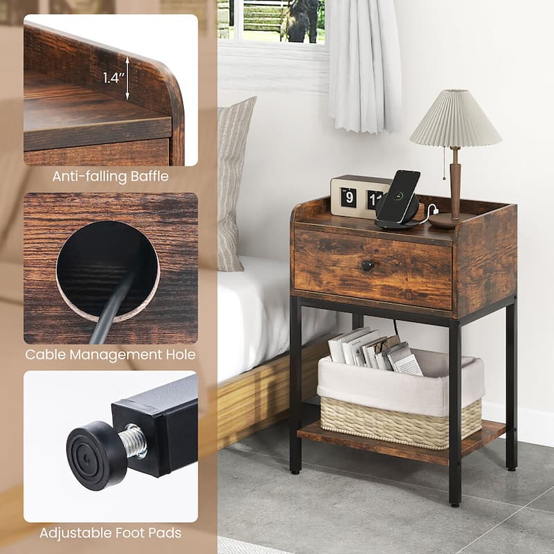 Gymax Nightstand Side End Table w/ Charging Station Drawer Open Shelf