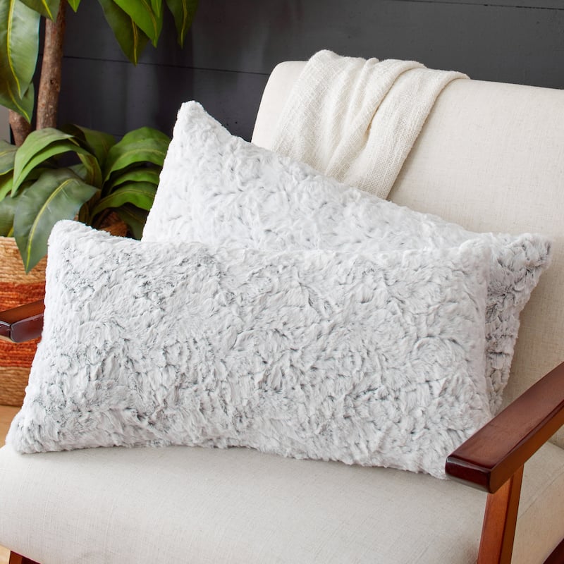 Sorra Home Indoor Faux Fur Knife Edge Lumbar Pillows (Set of 2) - 16 in x 26 in (Set of 2) - Fauxchilla Silver Fox