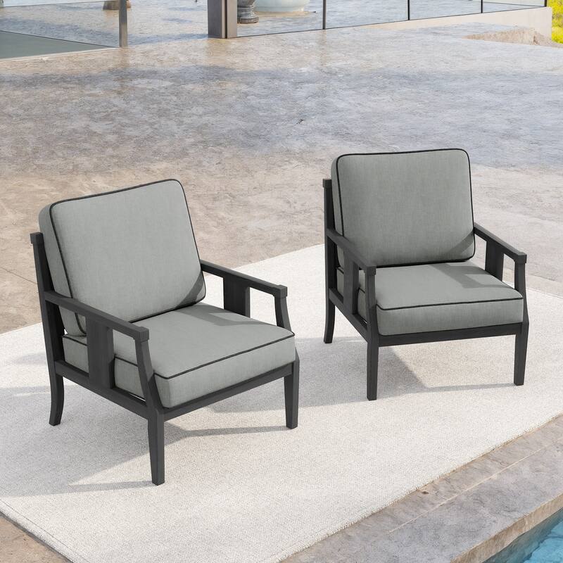 Set of 2 Outdoor Teak Wood Armchairs with Cushions, Patio Club Chairs
