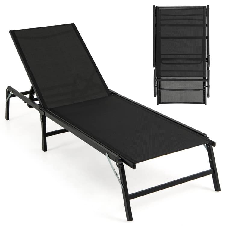 Black Metal and Fabric Patio Chaise Lounge Chairs Set of 2 with 5 Level Adjustable Backrest, Foldable Design - 72" x 23.5" x 12"