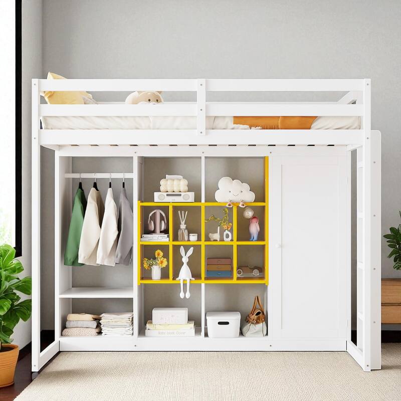 Space-Saving Twin/Full Loft Bed, Solid Wood Frame with Open Wardrobe, Colorful Shelves, Cabinet Storage & Reversible Ladder