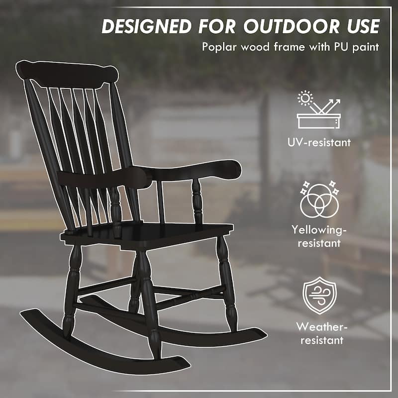 High Back Wood Rocking Chair, All Weather Patio Rocking Chair, 350lbs Weight Capacity for Deck, Porch, Backyard, Garden