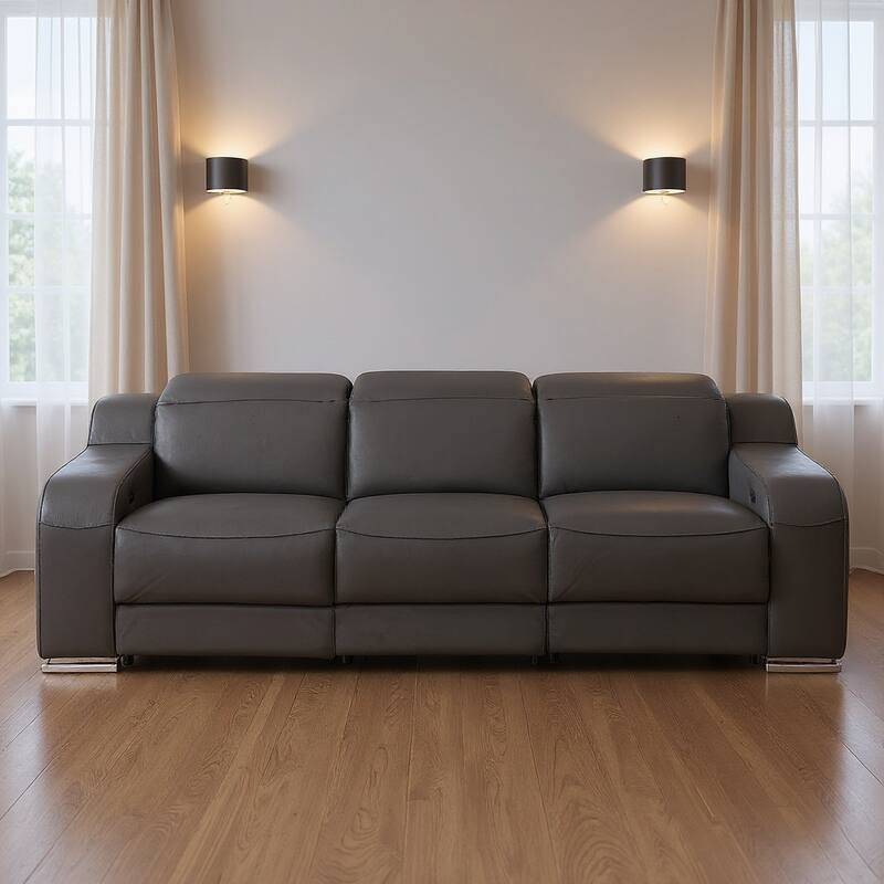HomeRoots 103" Black Italian Leather Reclining USB Sofa - Dark Gray