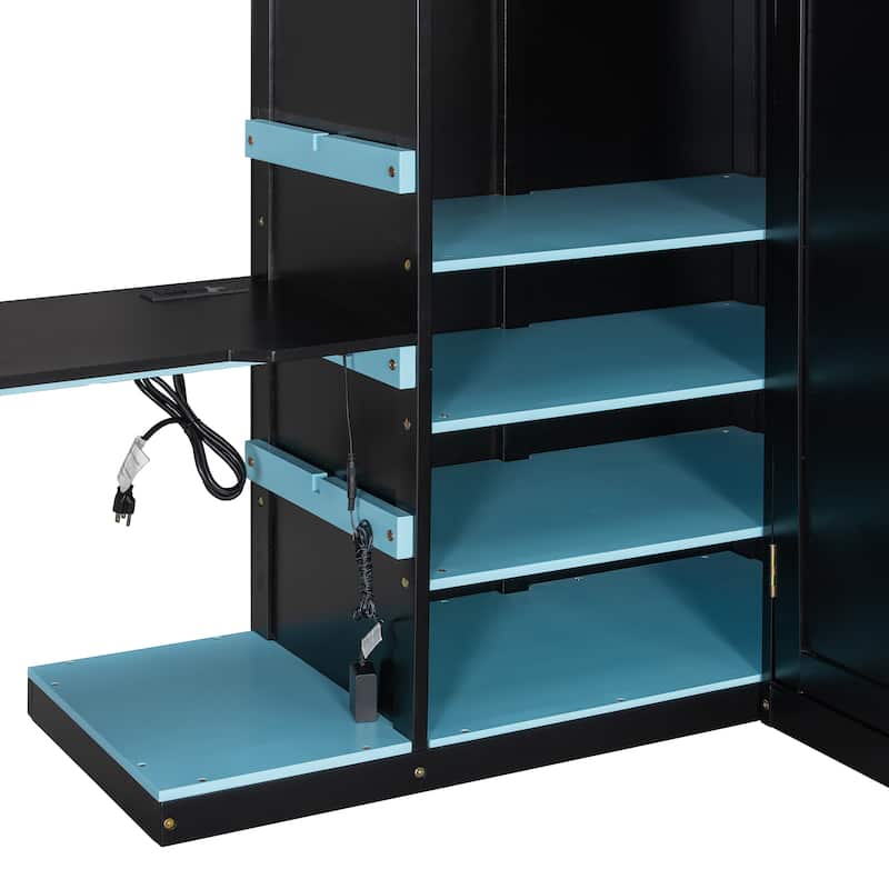 All-in-one Esports Gaming & Work Loft Bed with Adjustable Desk, LED, Charging Station, Pegboard, Storage Shelves and Wardrobe