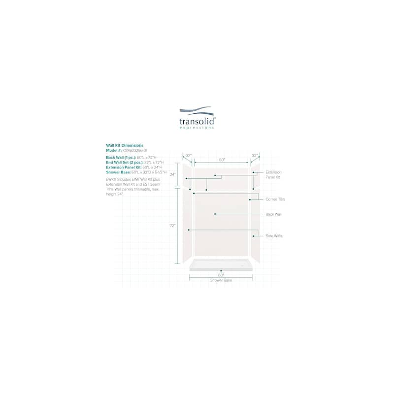Transolid Expressions 60-in X 32-in X 96-in Glue to Wall Shower Kit - 32" x 60" x 96"