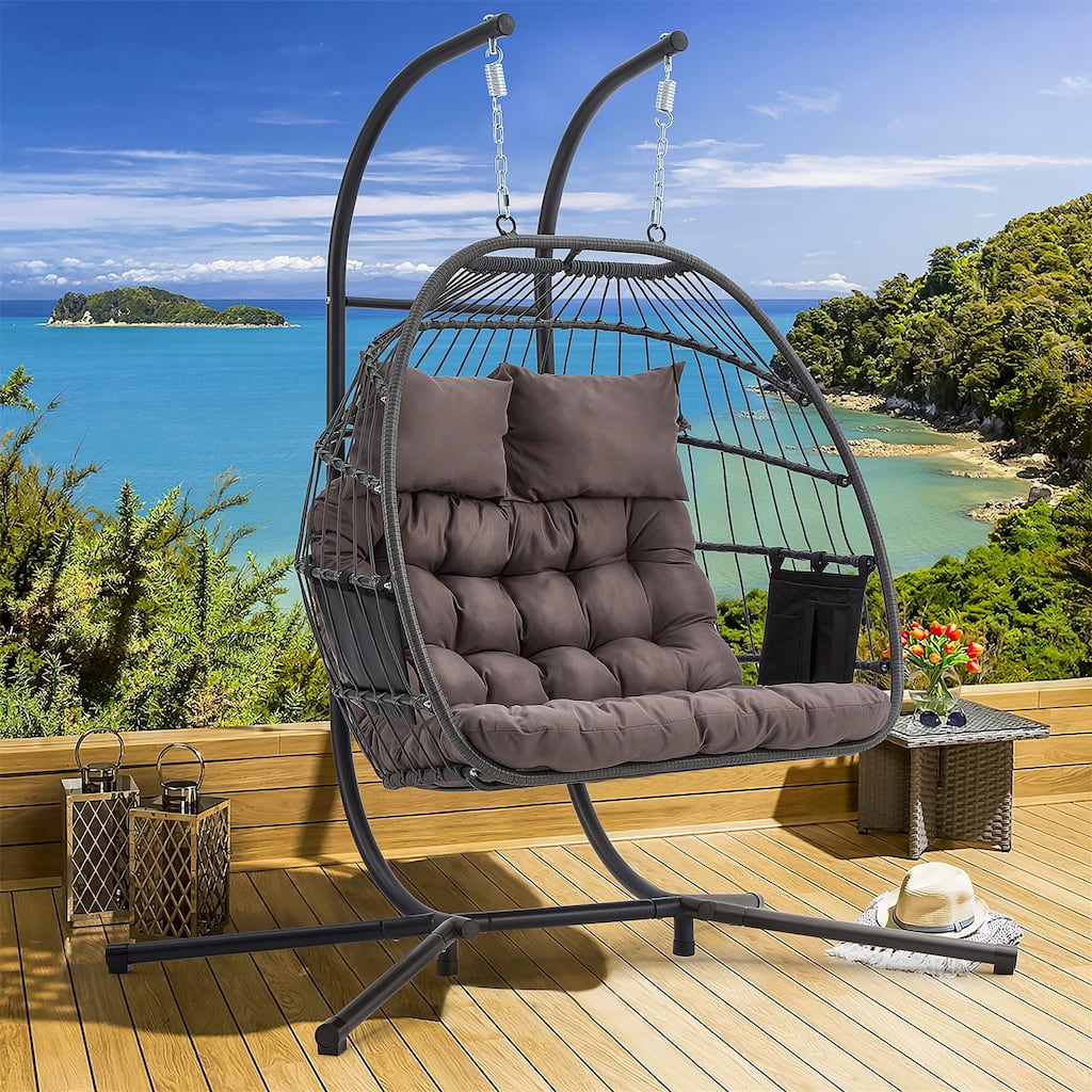 EROMMY Hanging Egg Chair with Stand, Portable Indoor/Outdoor Swing Chair with Cushion and Pillow, Wicker Patio Swing,Grey