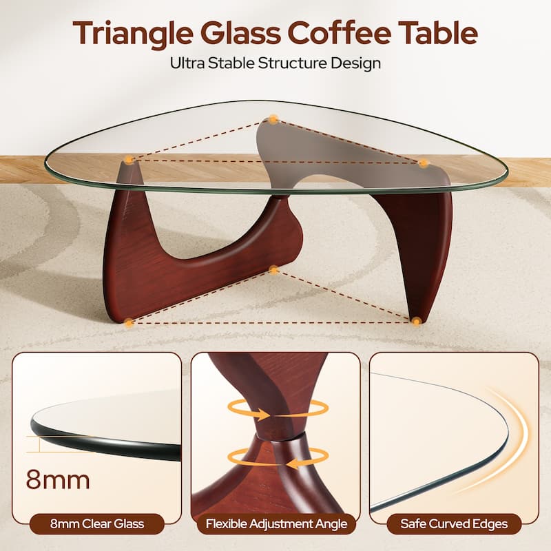 Mid Century Triangle Coffee Table Tempered Glass Top With Rubber