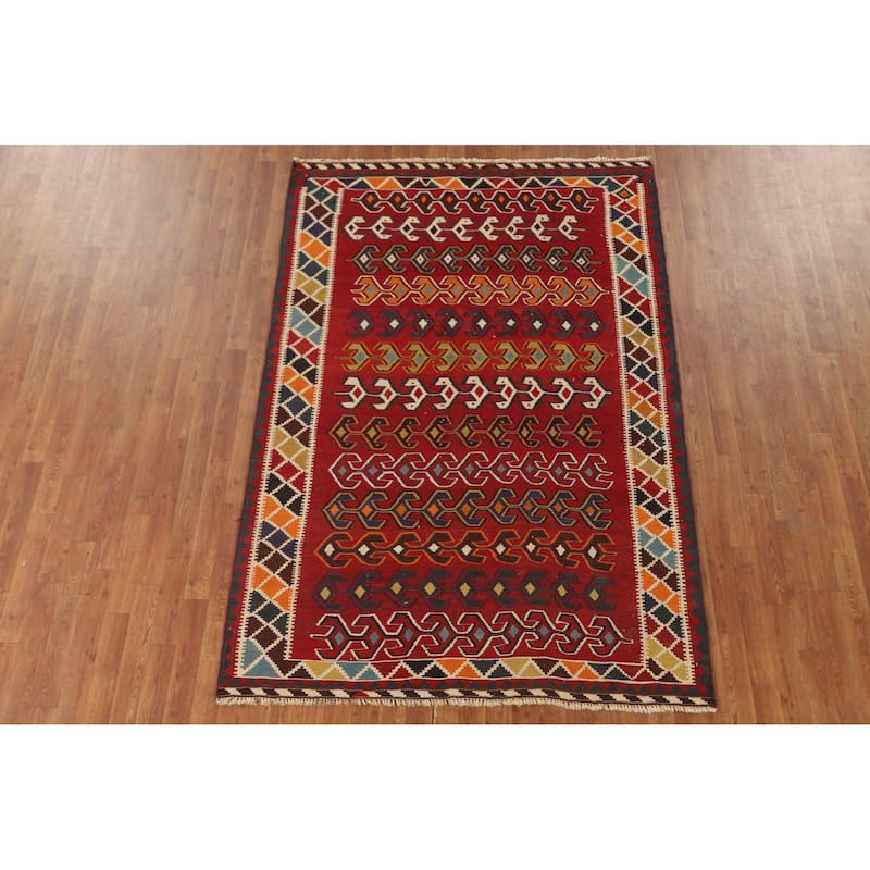 Geometric Kilim Qashqai Persian Vintage Rug Hand-Woven Wool Carpet - 5'2" x 7'7"