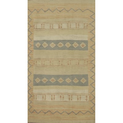 Hand Woven Oriental 100% Wool Carpet Southwestern Tribal Beige & Ivories Kilim Area Rug - 4' 10'' X 2' 10''