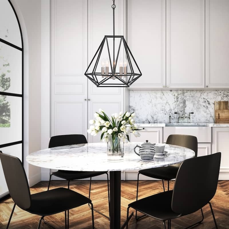 Matte Black and Brushed Nickel 5-Light Geometric Cage Lantern Chandelier