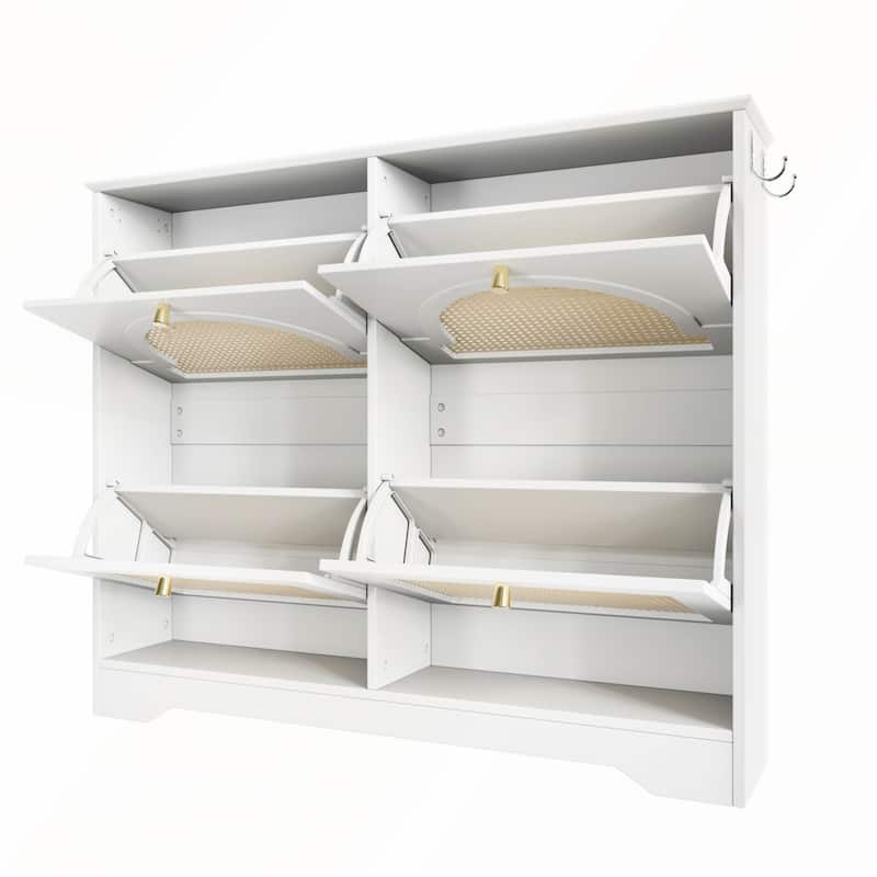 Mid-Century Narrow Design Tipping Bucket Shoe Cabinet with 4 Flip Drawers with Rattan Doors and Hooks