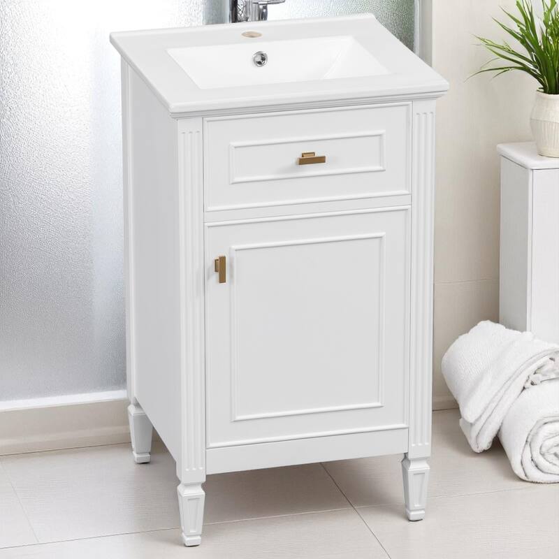 20" Bathroom Vanity with Sink, Freestanding White Cabinet with Ceramic Basin, Tilt-Out Drawer, Adjustable Shelf, Solid Wood Legs