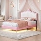 preview thumbnail 1 of 8, Twin size Upholstered Princess Bed With Crown Headboard,with Headboard and Footboard with Light Strips,White+Pink Pink