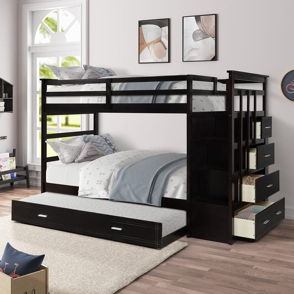 slide 2 of 9, Hardwood Twin Over Twin Bunk Bed with Trundle, Multifunction Staircase and 4 Storage Drawers, Espresso