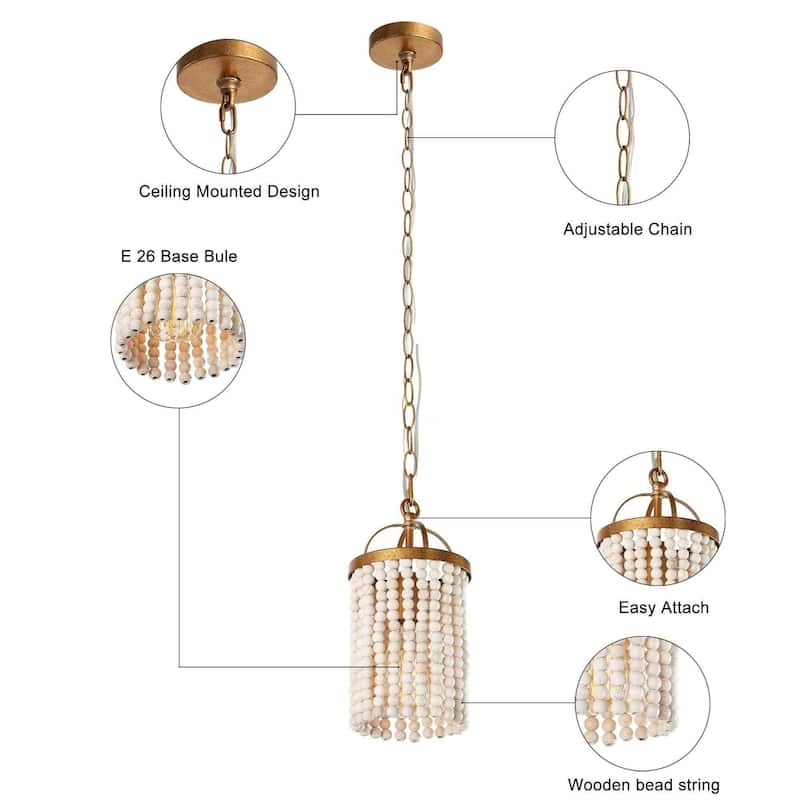 Alisar Mid-century Modern Gold Mini Pendant Light French Country Distressed White Wood Beads for Kitchen Island
