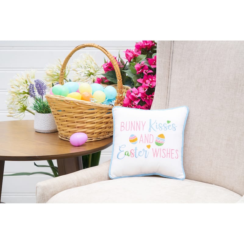 10" x 10" Easter "Bunny Kisses & Easter Wishes" Embroidered Small/Petite Spring Themed Accent Pillow