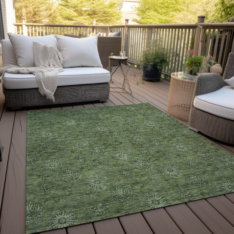 Machine Washable Indoor/ Outdoor Chantille Floral Burst Rug - Olive - 9' x 12'