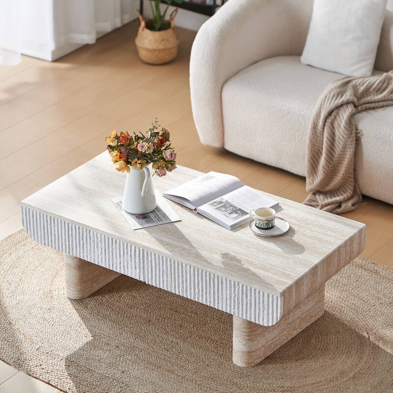 GDFStudio - Mid-Century Modern Coffee Table with Fluted Storage Drawer