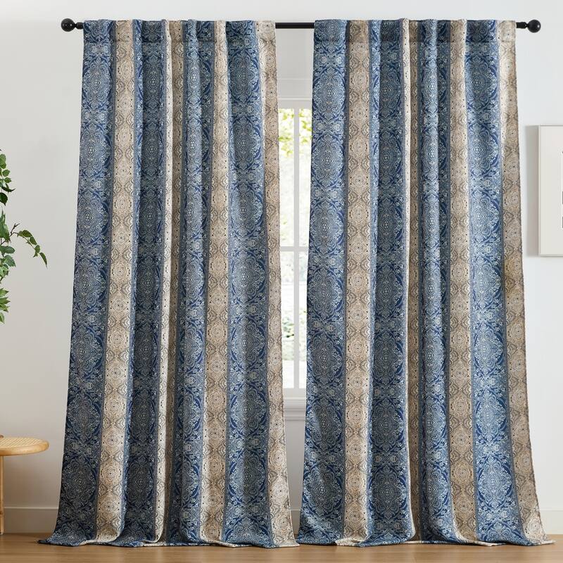 HLC.ME William Boho Damask Striped Window Back Tab Rod Pocket Curtains - Light Blocking Darkening Panels, Set of 2 - Navy Blue - 52" W x 96" L per panel