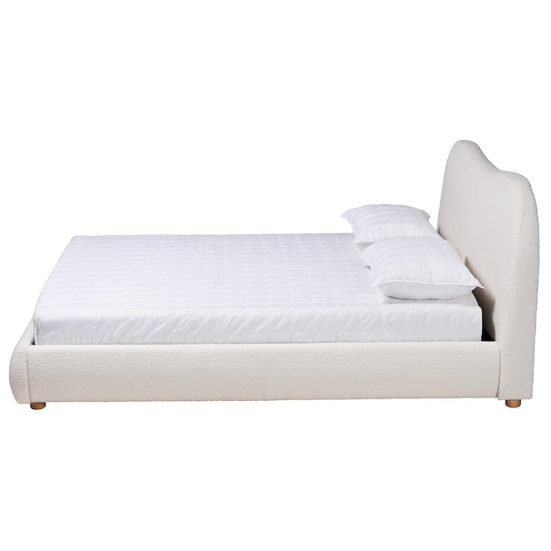 Maya Mid-Century Modern Cream Boucle Fabric and Oak Brown Finished Wood Queen Size Platform Bed