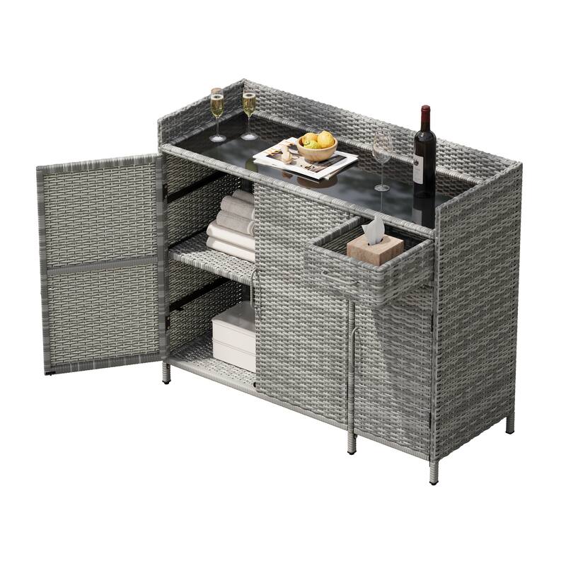 Wicker Storage Cabinet w/Tempered Glass Desktop, Weather-proof Rattan Bar Table, Kitchen Island w/Three Doors, Adjustable Shelf