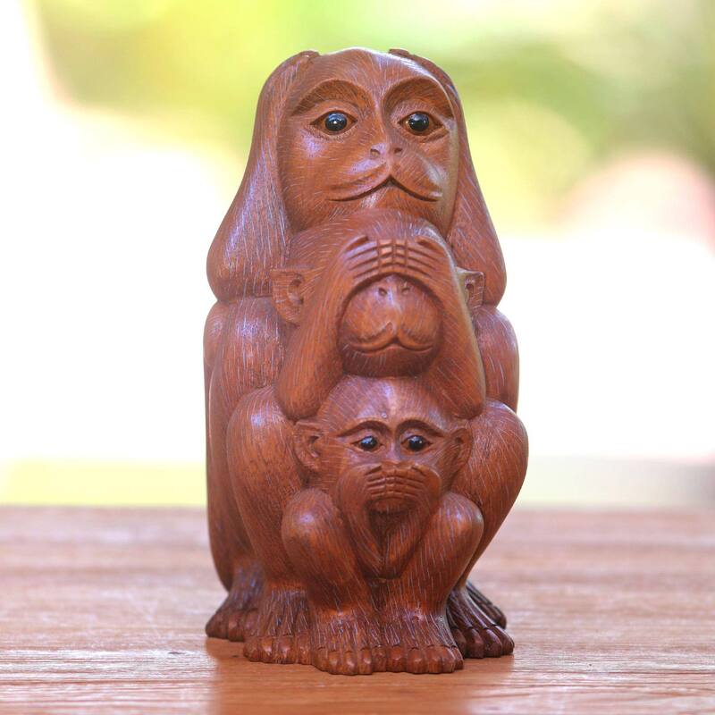 Handmade Three Monkey Sages In Brown Wood Statuette (Indonesia) - 7" H x 3.7" W x 4.9" D