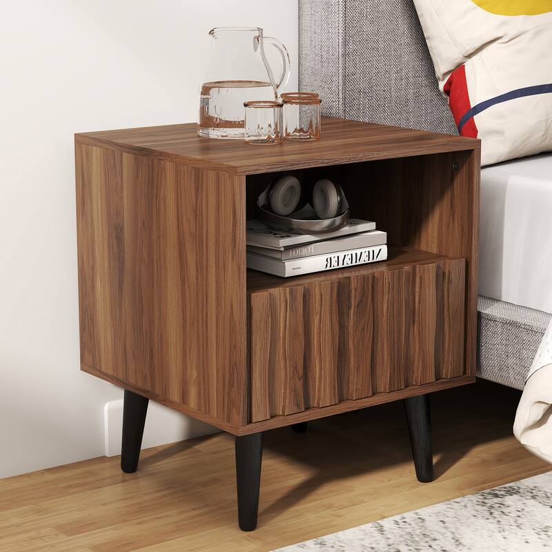 Mid-Century Modern Nightstand, Fluted End Table Drawer & Open Storage