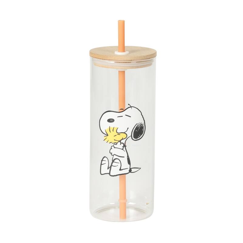 Peanuts Snoopy Happy Sips 4 Piece 23 OZ Tumbler Set with 4 Bamboo Lids and 4 Straws Set, Iced Coffe, Smoothie, Water Cup