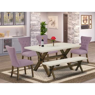 HomeStock 6-Piece Rectangle Distressed Jacobean Finish Solid Wood Top Dining Table with 1-Bench, 4-Chairs