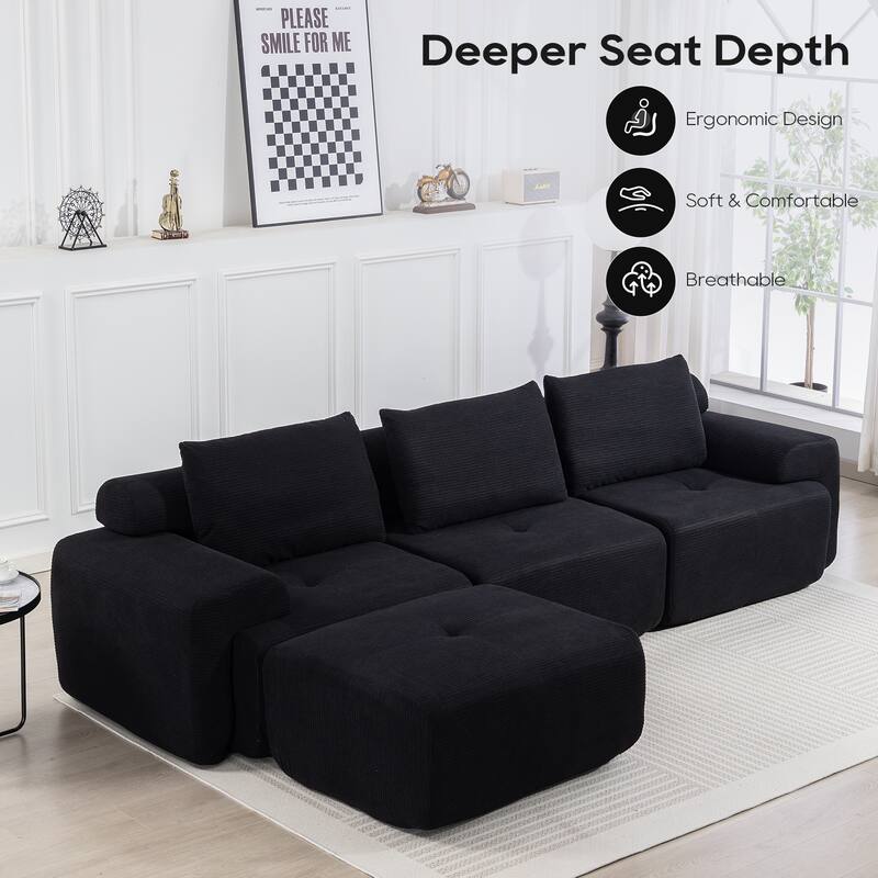 L-Shaped Sectional Convertible Sofa Bed, Corduroy Fabric, Steel Frame, Black