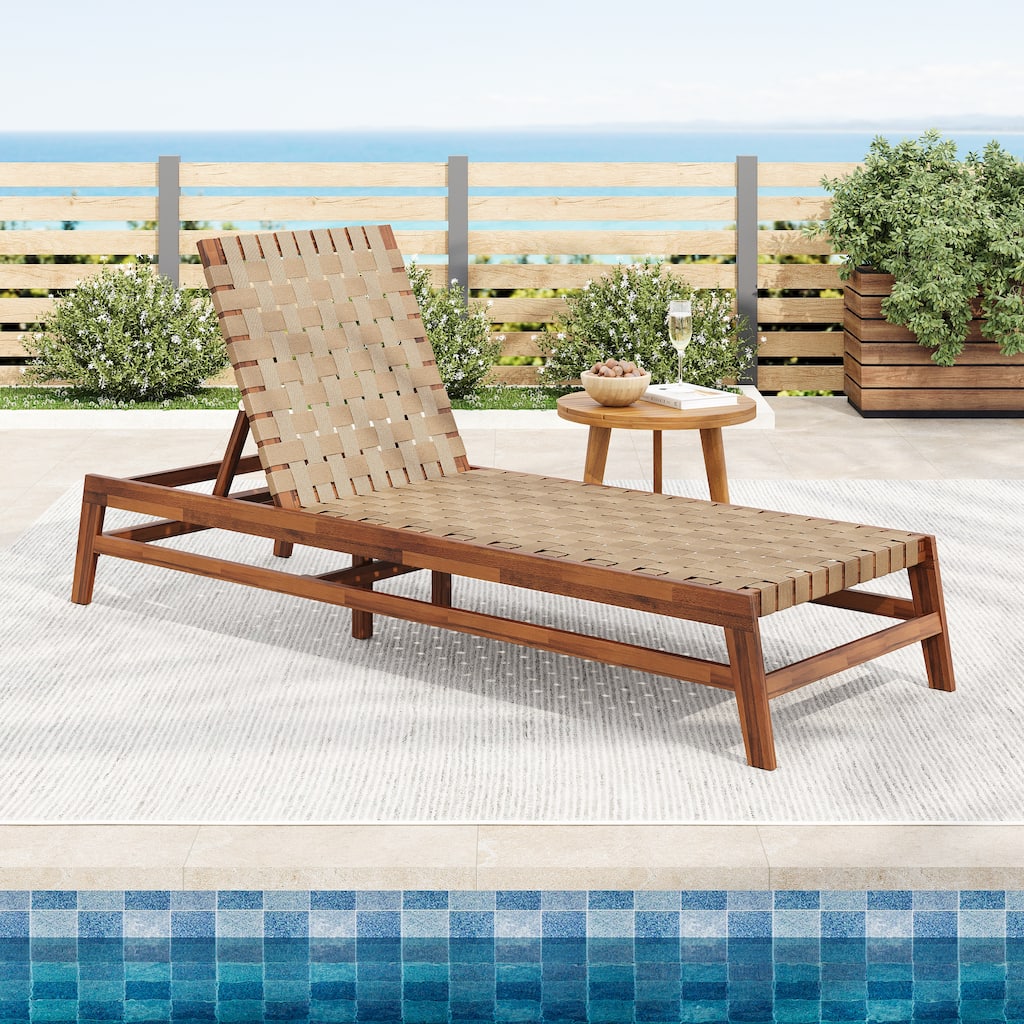 Roomfitters Outdoor Rope Chaise Lounge Chair, Adjustable Pool Recliner with Acacia Frame