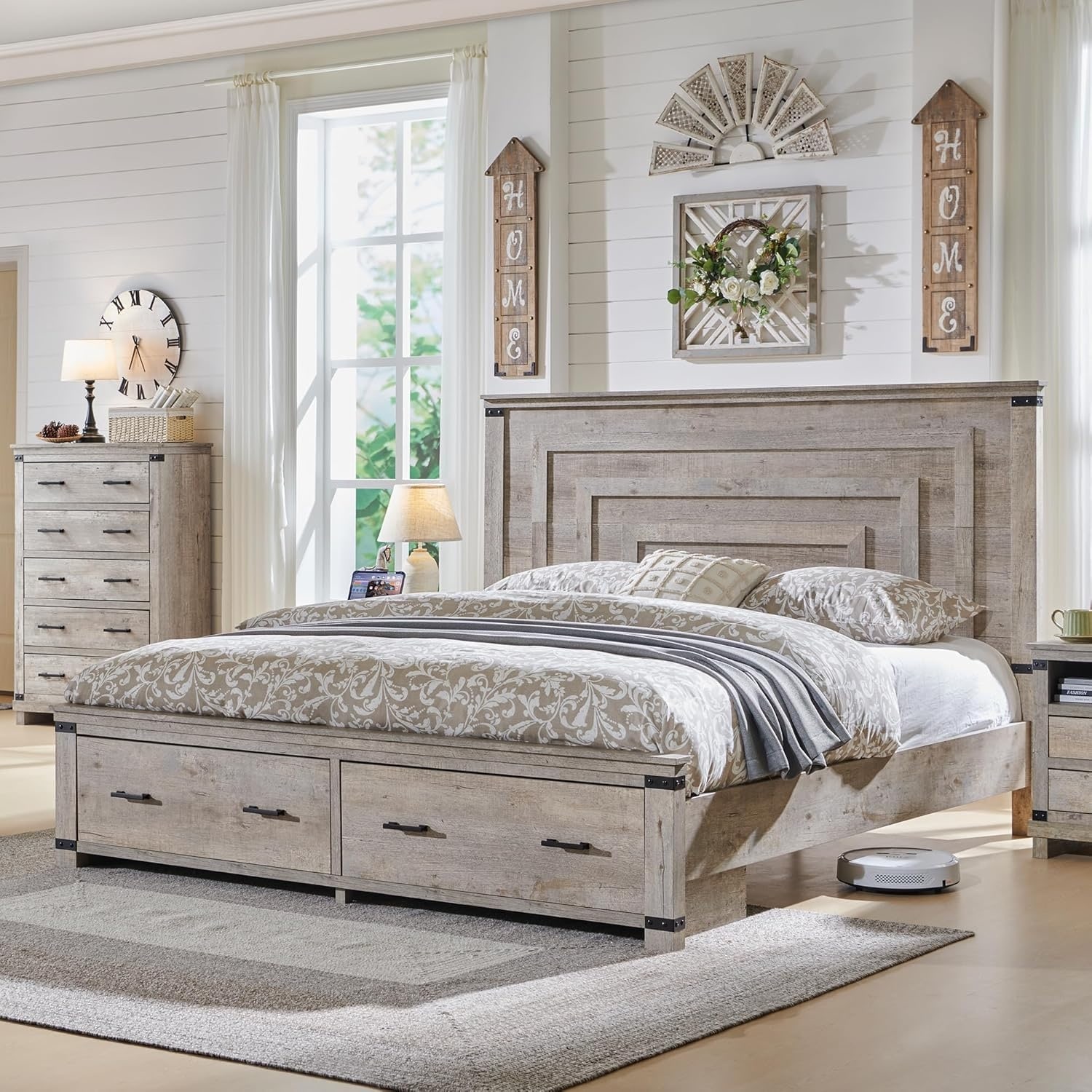 Farmhouse Wood Bed Frame with 54" Tall Headboard, 2 Large Drawers