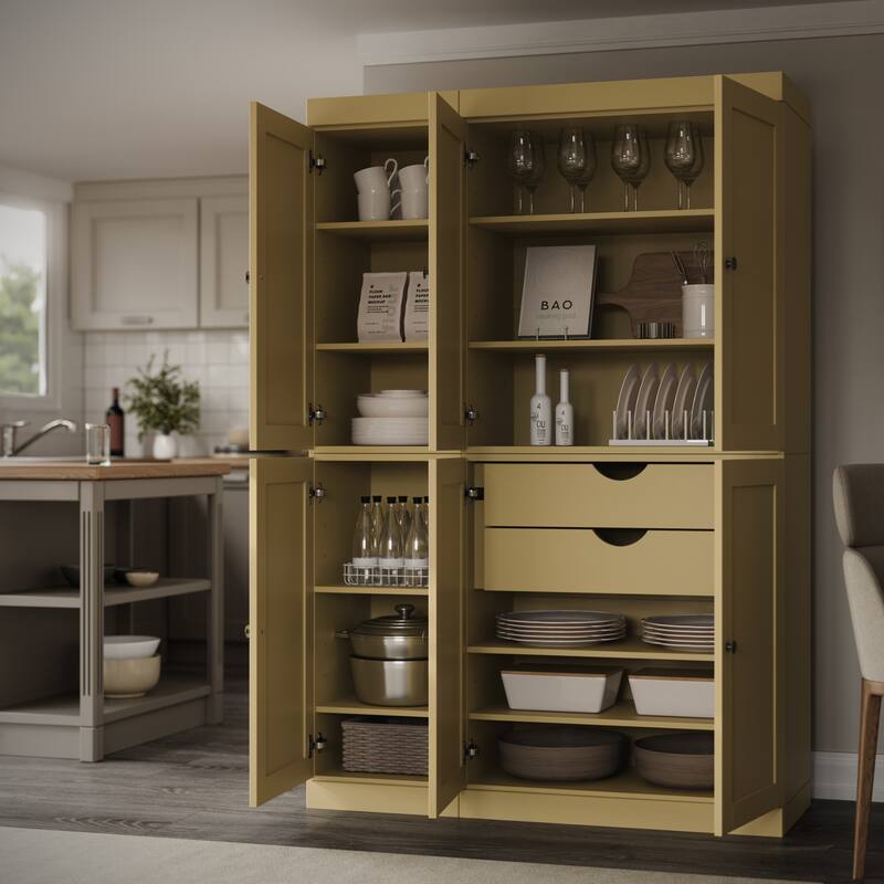 Palace Imports 100% Solid Wood 48.5" Pantry Cabinet with Shaker Doors, 2-Drawers and Adjustable Shelves - Yellow