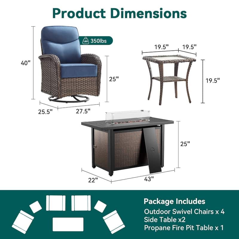 Pocassy Outdoor Sofa Swivel Chair and Ottman with Fire Pit Table