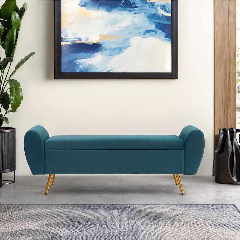 Upholstered 56"W Flip Top Storage Bench with arms - Velvet - TEAL