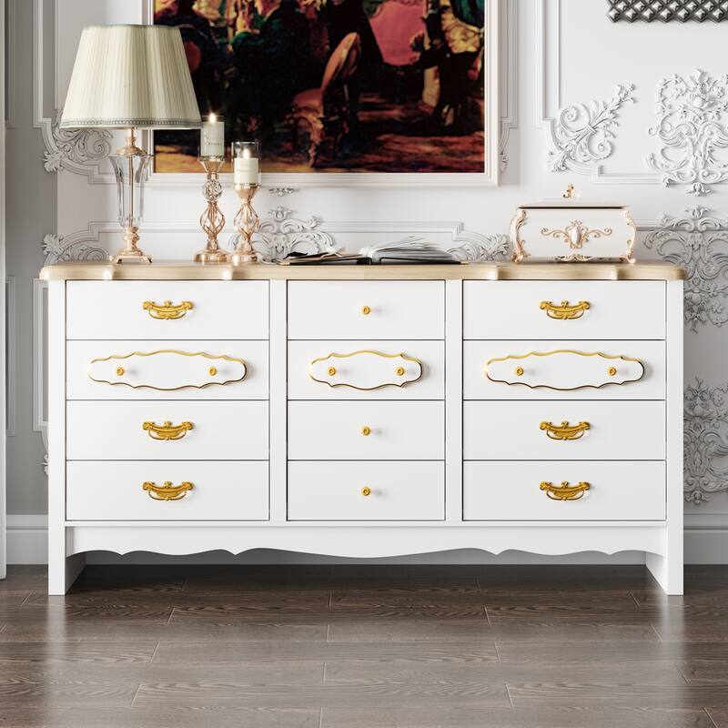Luxury White and Gold 12-Drawer Dresser with Pine Wood Top Elegant Storage Cabinet for Bedroom or Living Room