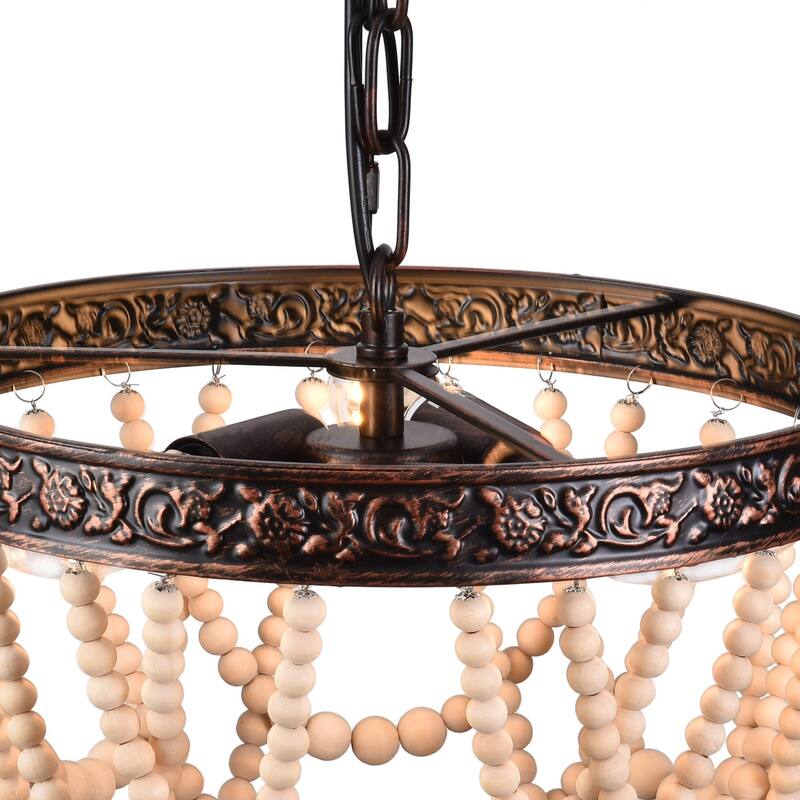 Vintage Farmhouse Red Bronze 3-Light Wood Bead Pendant