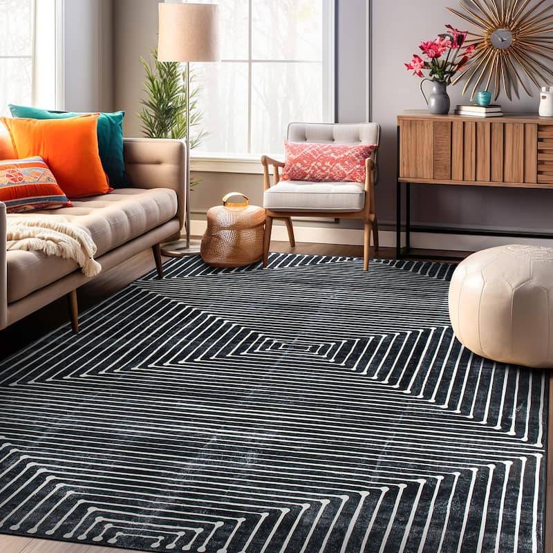 World Rug Gallery Bohemian Stripes Washable Non Slip Area Rug - Black - 8'x10'