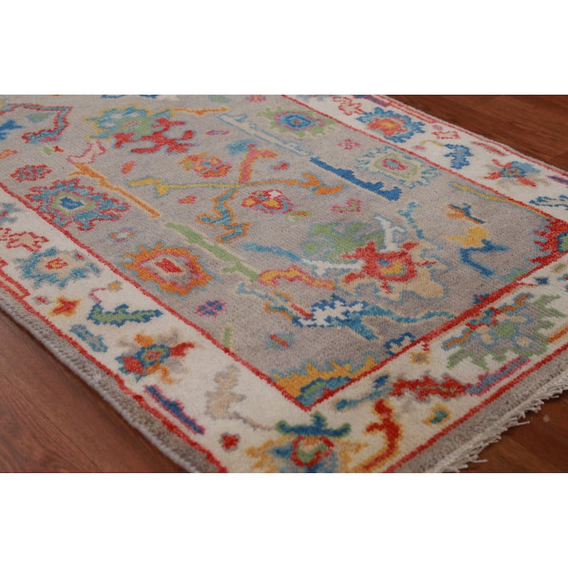 Gray Ivory Oushak Oriental Rug Handmade Wool Carpet - 2'7" x 6'0"