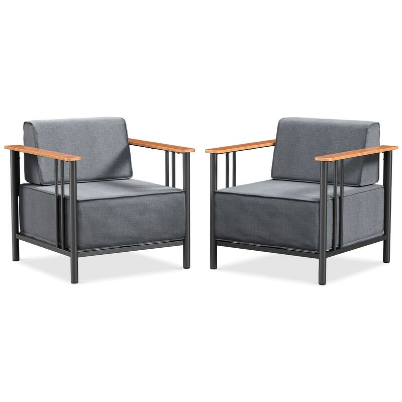 Puffin Black Metal Outdoor Lounge Chairs with 10-Inch Olefin Dark Gray Cushions (2-Pack)