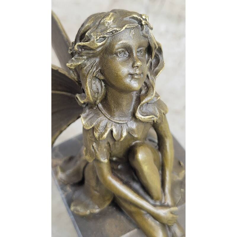 Young Child Winged Fairy Angel Bronze Sculpture Statue Figure On Marble Base