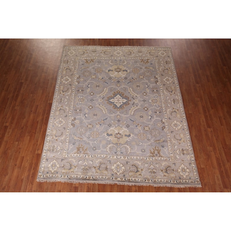 Floral Gray Oushak Indian Area Rug Hand-Knotted Wool Carpet - 8'1" x 9'11"