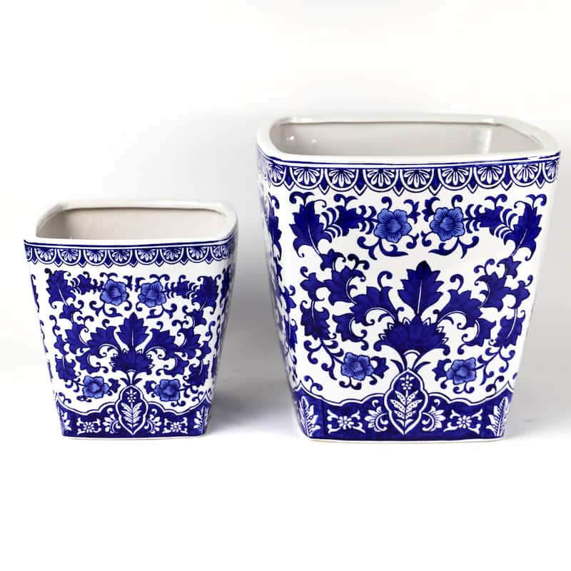 Euro Ceramica Blue and White Ceramic Camelia Garden Planter