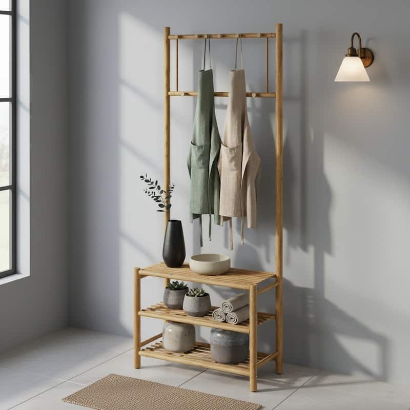 Handcrafted Natural Bamboo 3-in-1 Hall Tree with Bench Shoe Rack