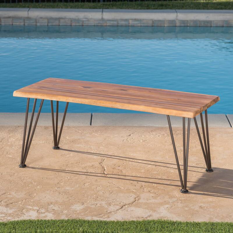 Roomfitters Modern Outdoor Patio Table, Acacia Wood Coffee Table with Hairpin Iron Legs, for Garden or Poolside, Natural
